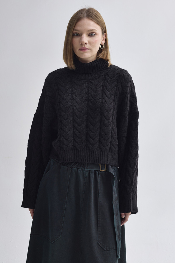Turtleneck Crop Knit Sweater Black - 2