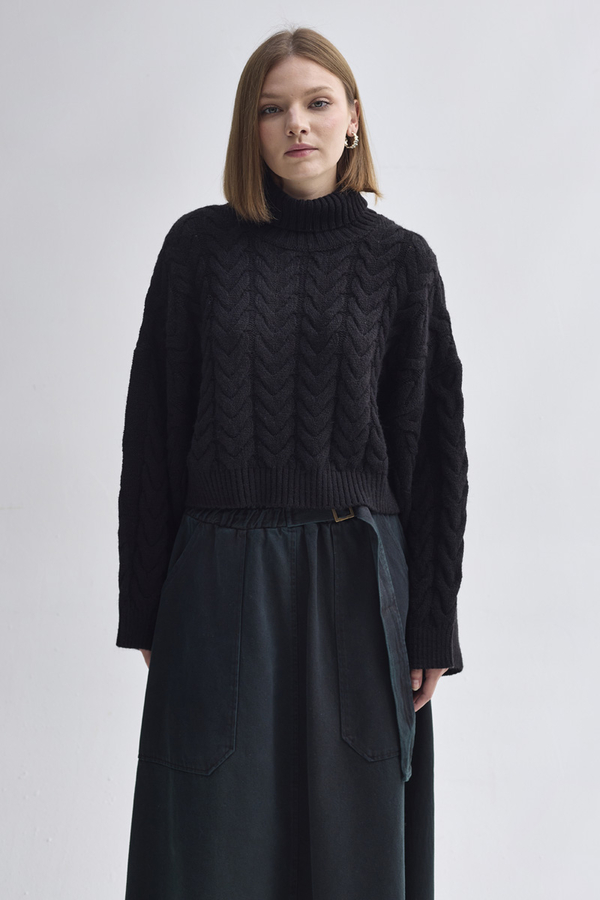Turtleneck Crop Knit Sweater Black - 8