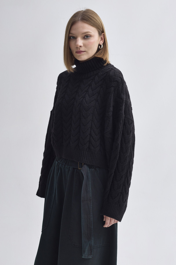 Turtleneck Crop Knit Sweater Black - 3