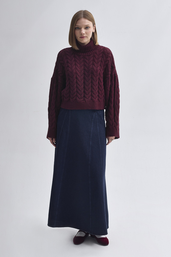 Turtleneck Crop Knit Sweater Burgundy - 2