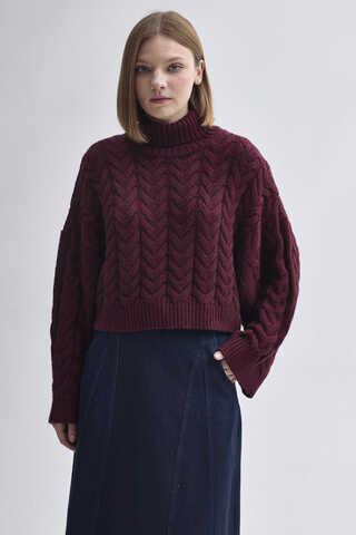 Turtleneck Crop Knit Sweater Burgundy - 5