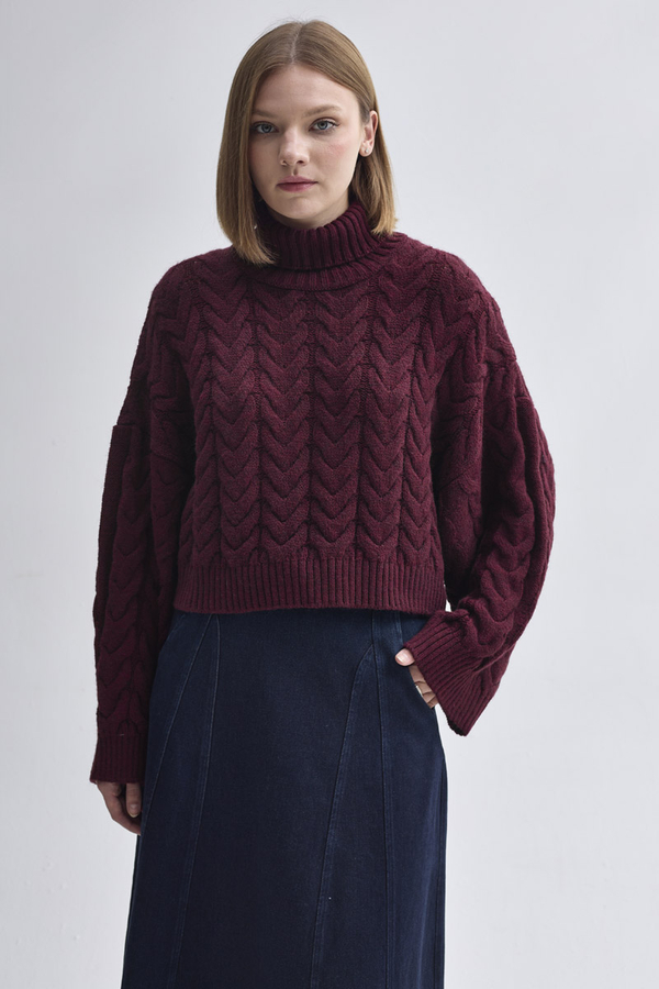 Turtleneck Crop Knit Sweater Burgundy - 5