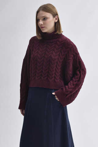 Turtleneck Crop Knit Sweater Burgundy - 3