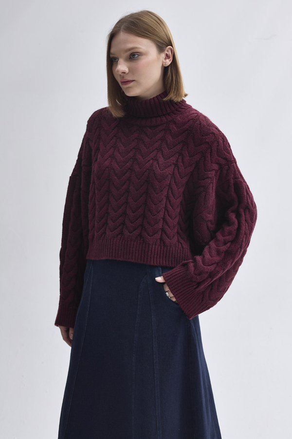 Turtleneck Crop Knit Sweater Burgundy - 3