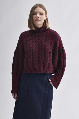 Turtleneck Crop Knit Sweater Burgundy - 7