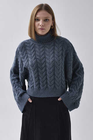 Turtleneck Crop Knit Sweater Indigo - 1