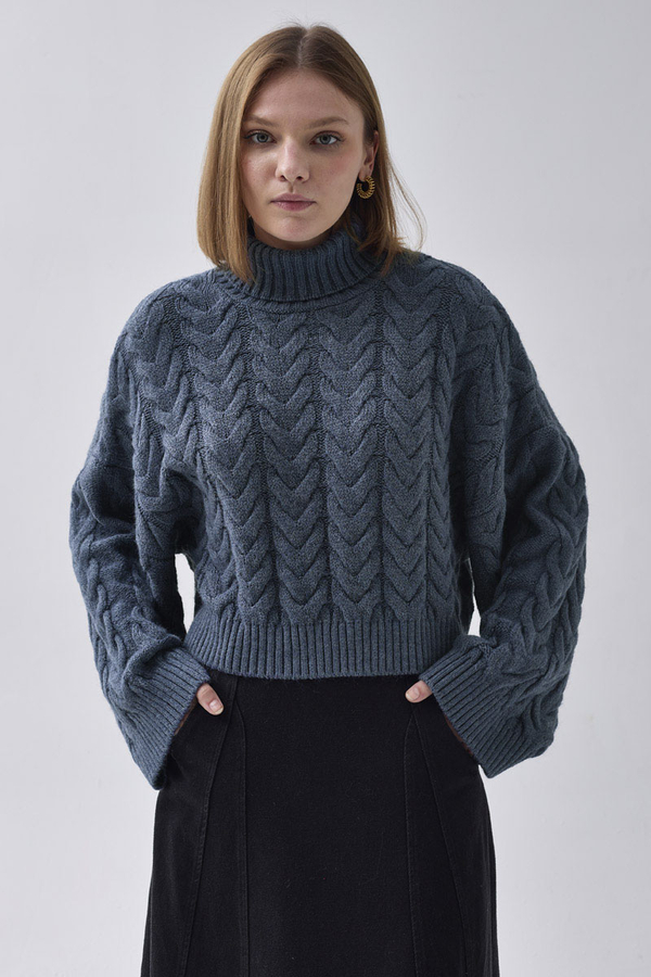 Turtleneck Crop Knit Sweater Indigo - 1
