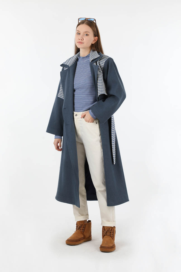 Tüvit Detaylı Kruvaze Kaban İndigo - 1