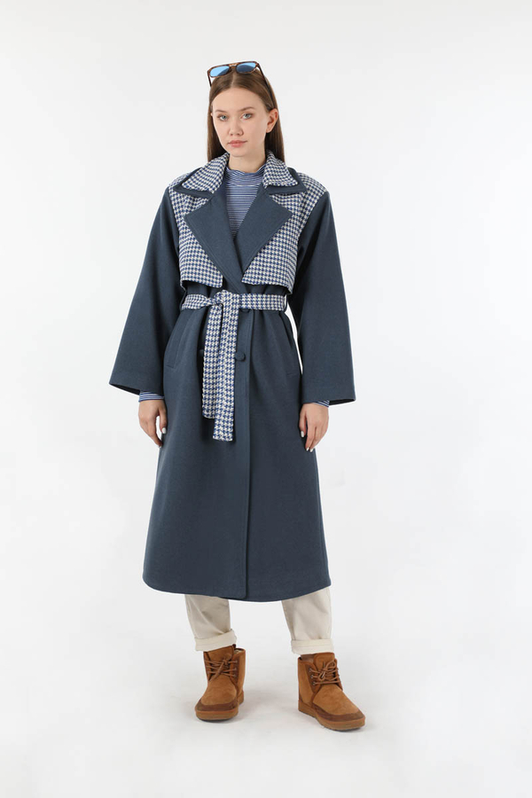 Tüvit Detaylı Kruvaze Kaban İndigo - 5