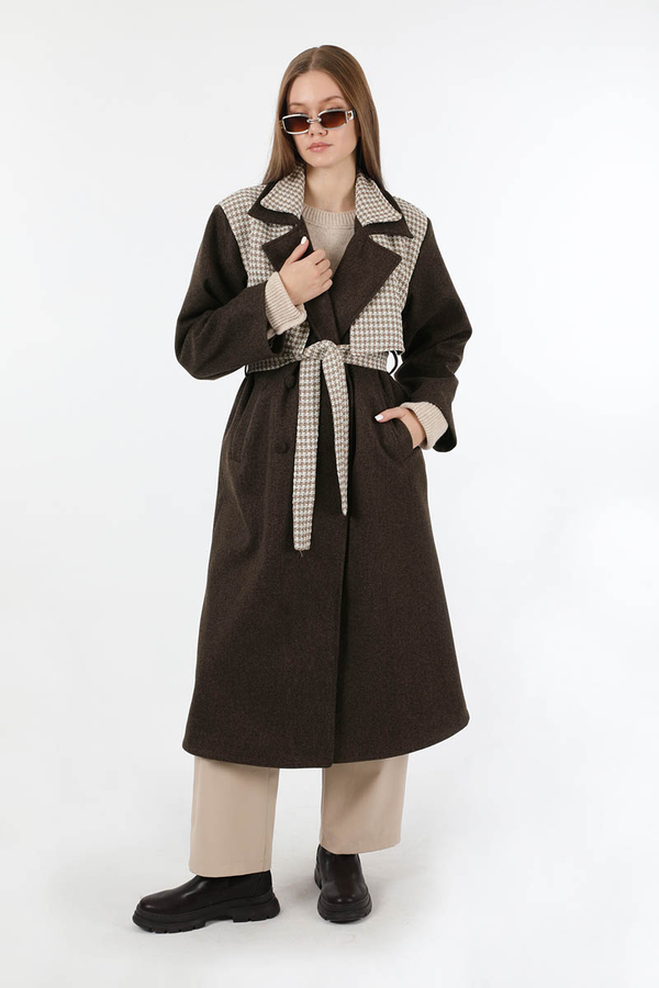 Tüvit Detaylı Kruvaze Kaban Kahve 