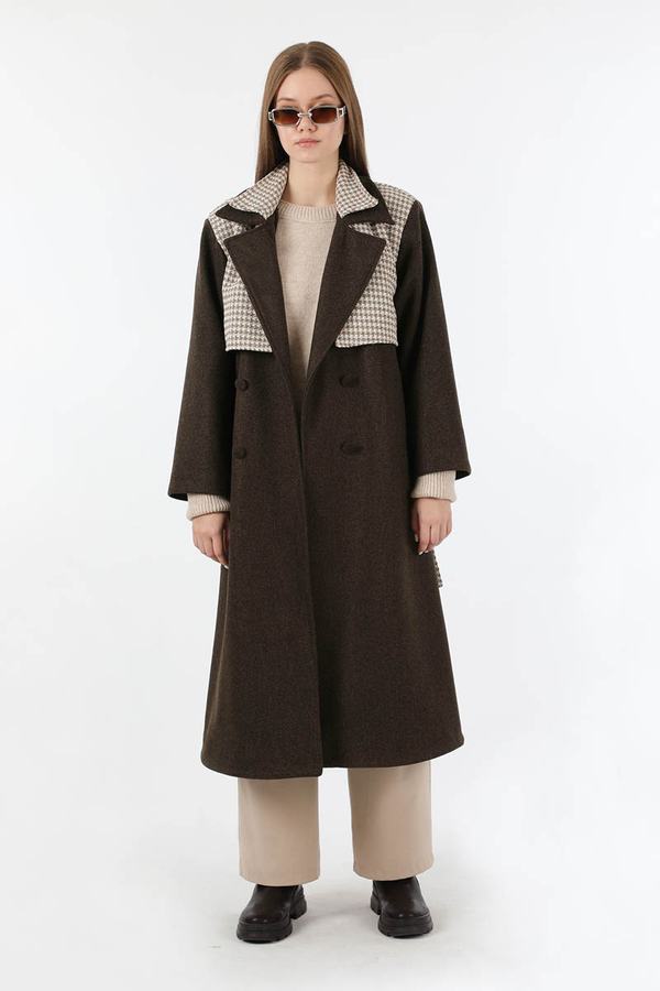 Tüvit Detaylı Kruvaze Kaban Kahve - 3