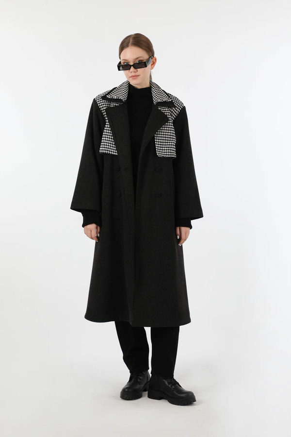 Tüvit Detaylı Kruvaze Kaban Siyah - 5