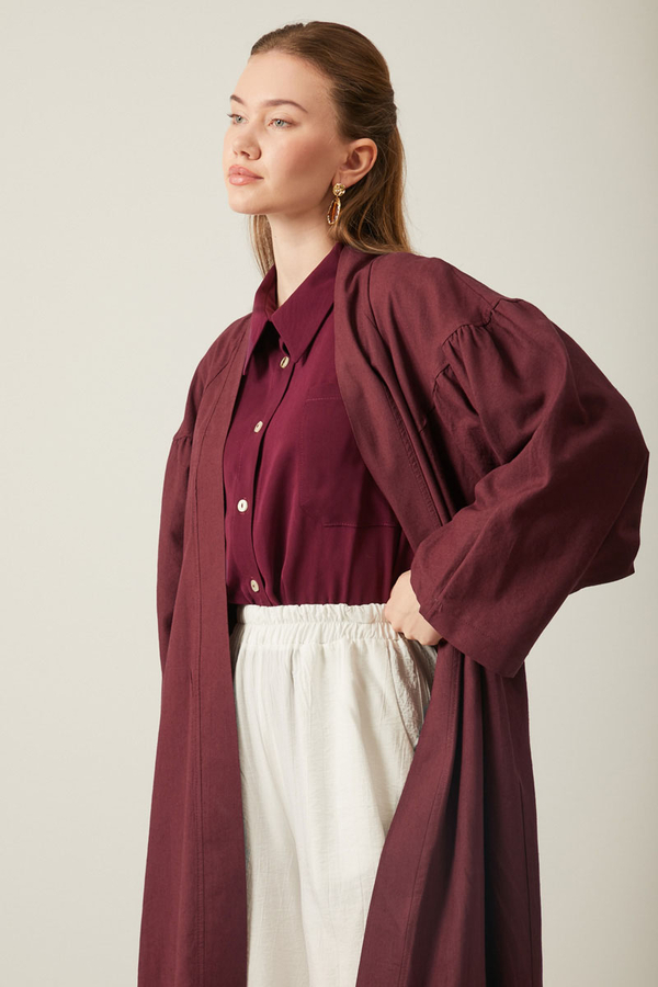 Uzun Keten Kimono Bordo - 3