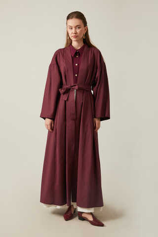 Uzun Keten Kimono Bordo - 4