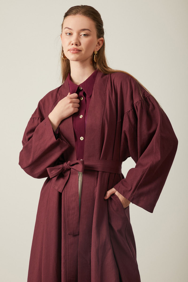 Uzun Keten Kimono Bordo - 5