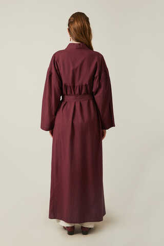 Uzun Keten Kimono Bordo - 10