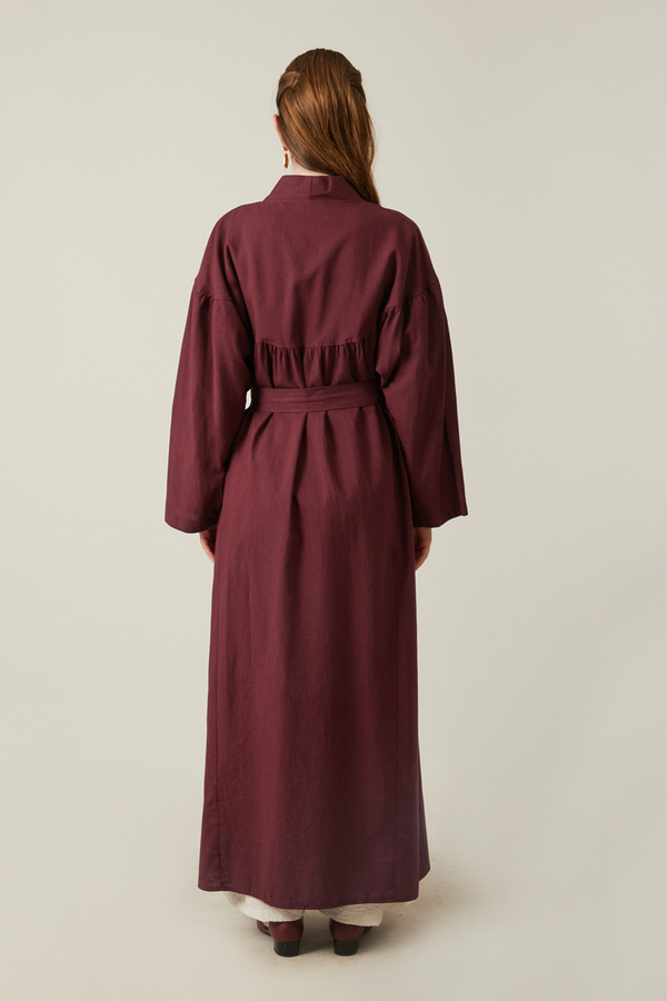 Uzun Keten Kimono Bordo - 10