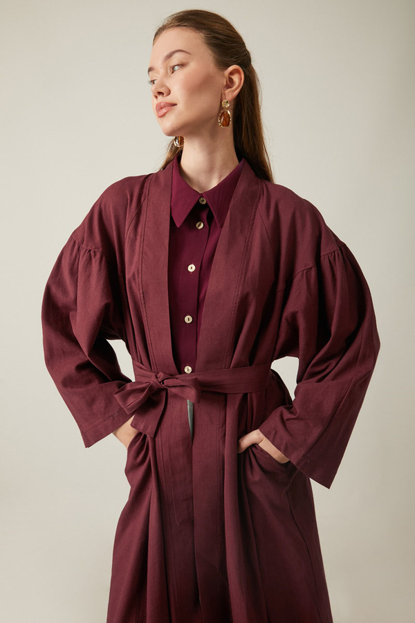 Uzun Keten Kimono Bordo - 6