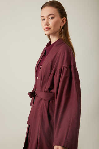 Uzun Keten Kimono Bordo - 7