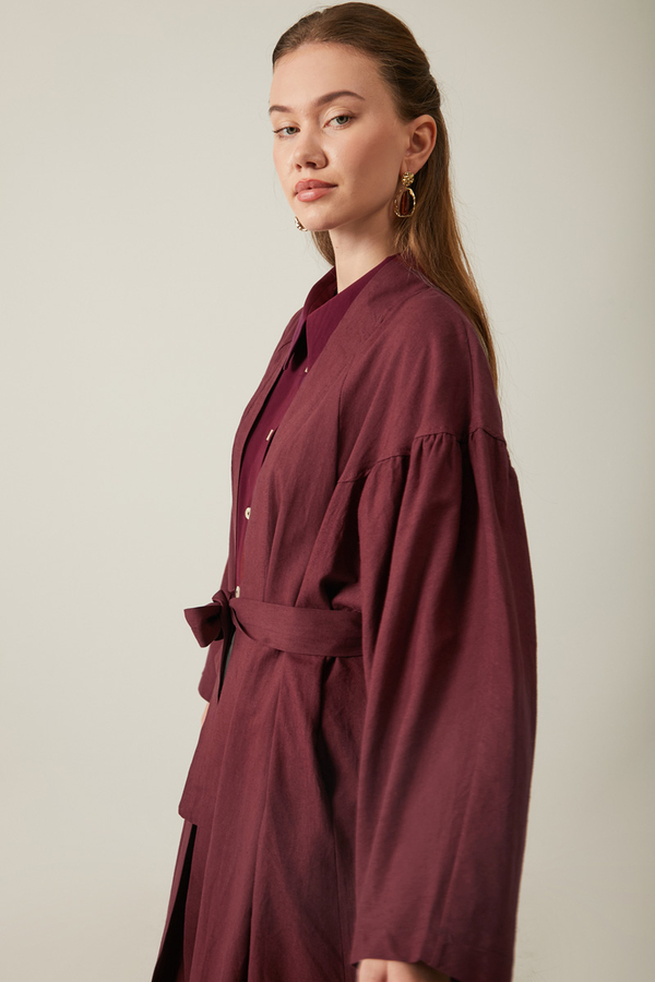 Uzun Keten Kimono Bordo - 7