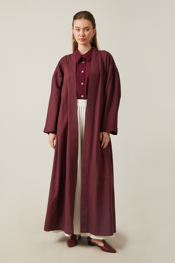 Uzun Keten Kimono Bordo - 9