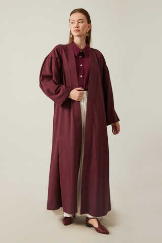 Uzun Keten Kimono Bordo - 1