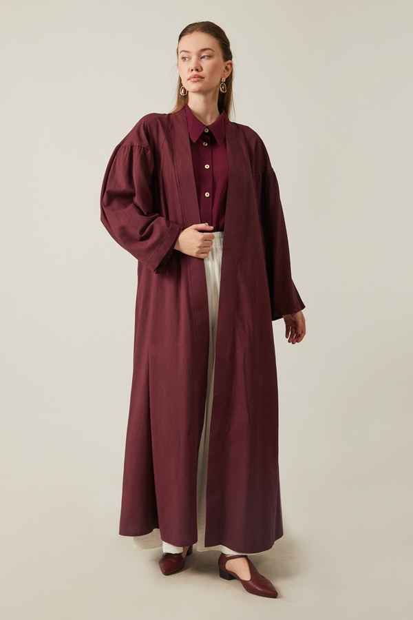 Uzun Keten Kimono Bordo 