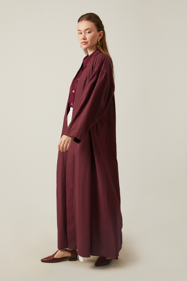Uzun Keten Kimono Bordo - 2