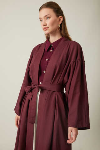 Uzun Keten Kimono Bordo - 8