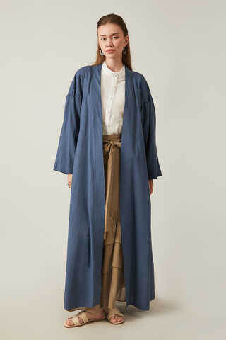 Uzun Keten Kimono İndigo - 4