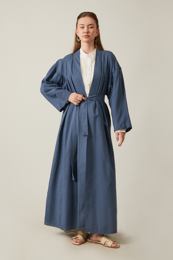 Uzun Keten Kimono İndigo - 8