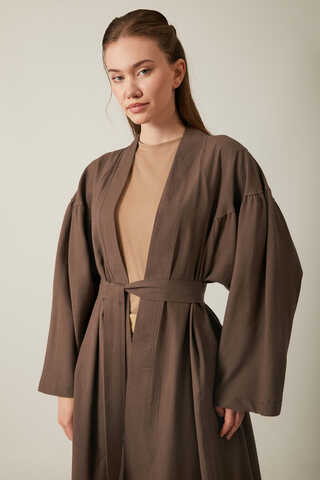 Uzun Keten Kimono Kahverengi - 2