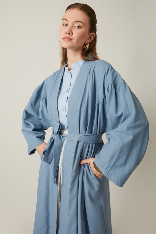 Uzun Keten Kimono Mavi - 2