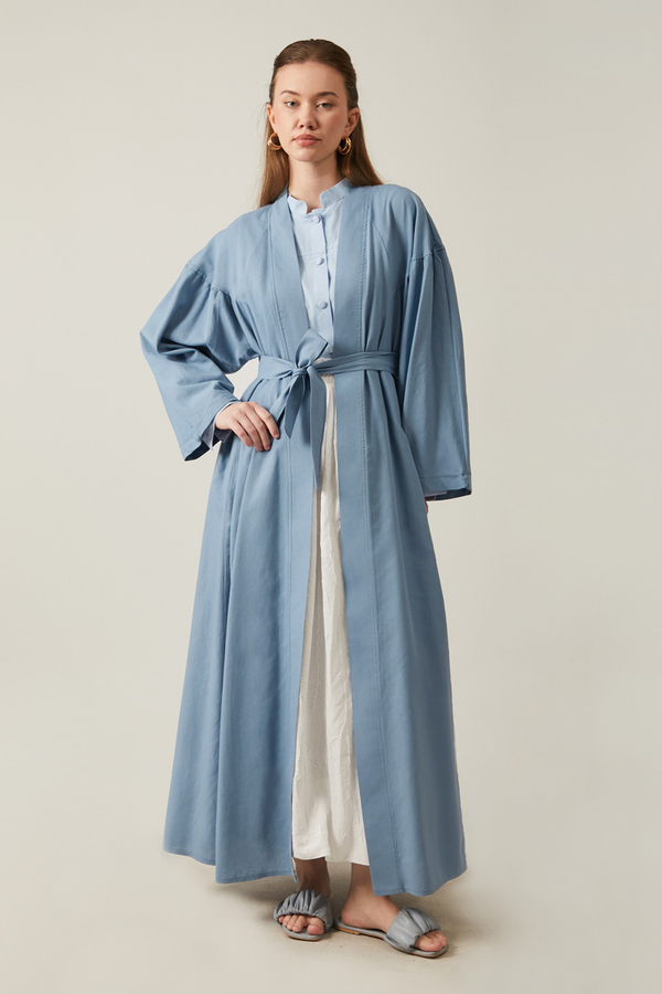 Uzun Keten Kimono Mavi - 6