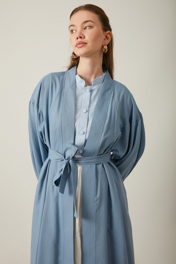 Uzun Keten Kimono Mavi - 4