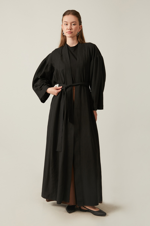 Uzun Keten Kimono Siyah - 4