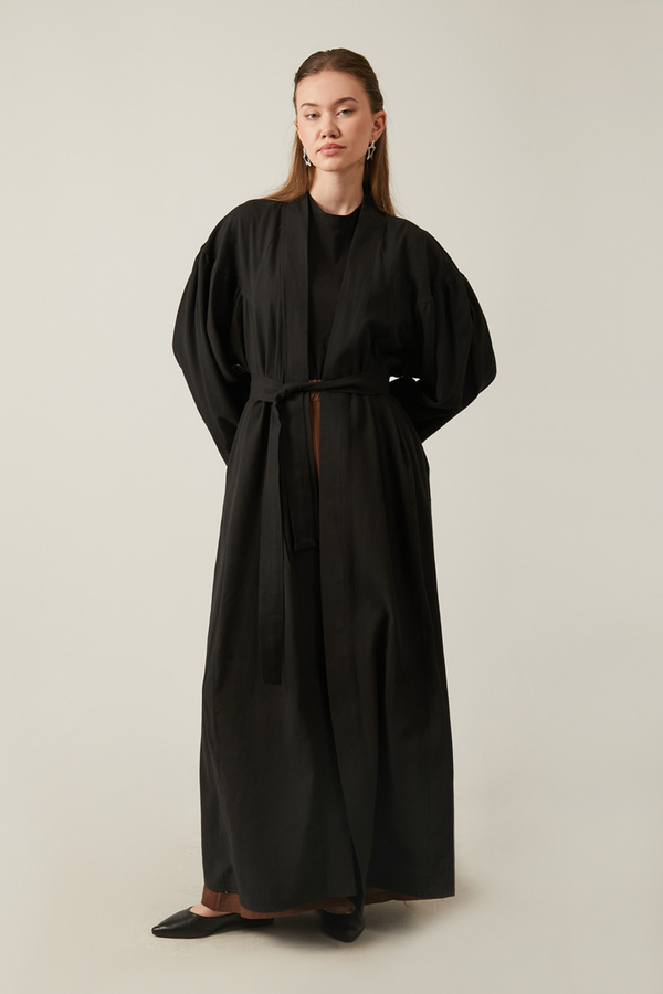 Uzun Keten Kimono Siyah - 5