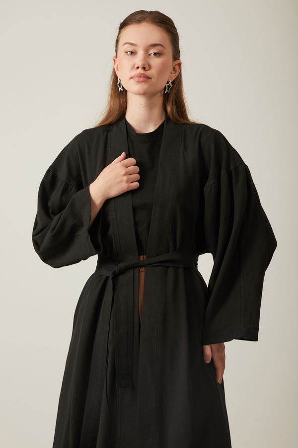 Uzun Keten Kimono Siyah - 6