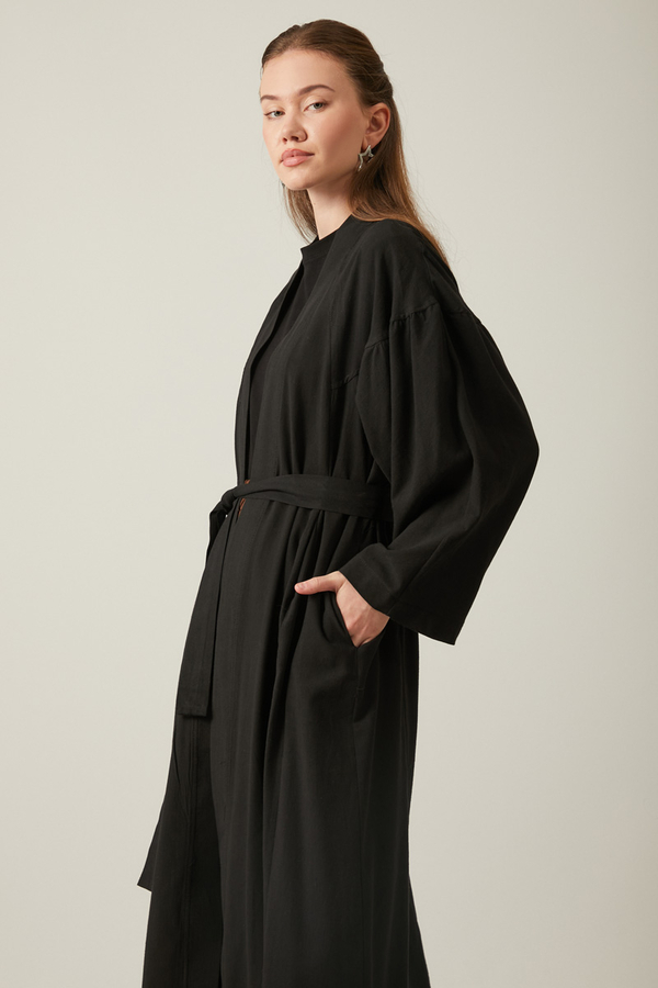 Uzun Keten Kimono Siyah - 9