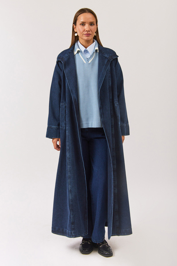 Uzun Kruvaze Denim Trençkot Açık Mavi - 2