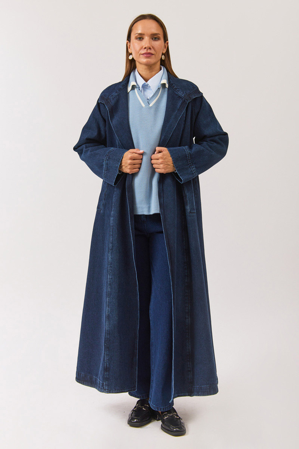 Uzun Kruvaze Denim Trençkot Açık Mavi - 3
