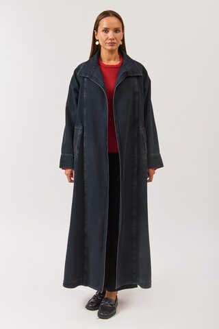 Uzun Kruvaze Denim Trençkot Koyu Mavi - 2