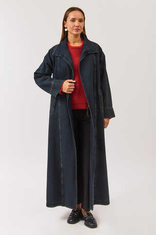 Uzun Kruvaze Denim Trençkot Koyu Mavi - 4