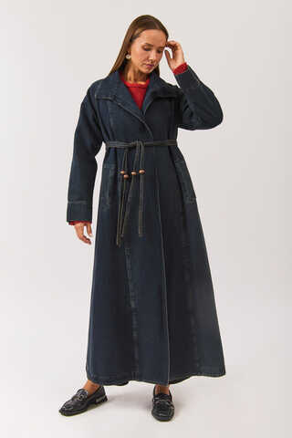Uzun Kruvaze Denim Trençkot Koyu Mavi - 1