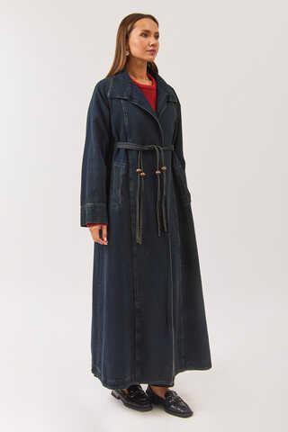 Uzun Kruvaze Denim Trençkot Koyu Mavi - 6