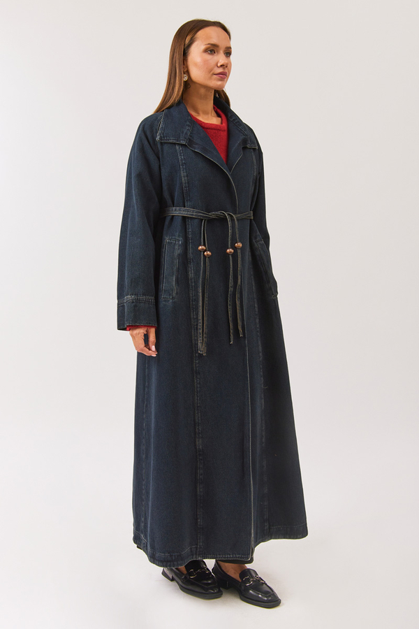 Uzun Kruvaze Denim Trençkot Koyu Mavi - 6