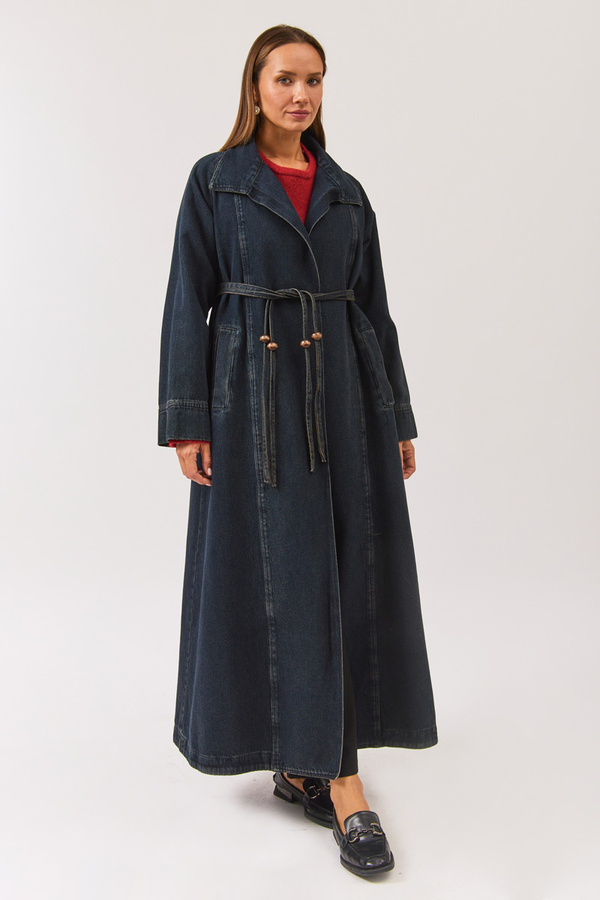 Uzun Kruvaze Denim Trençkot Koyu Mavi - 7