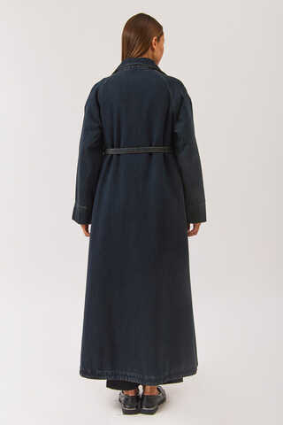 Uzun Kruvaze Denim Trençkot Koyu Mavi - 9