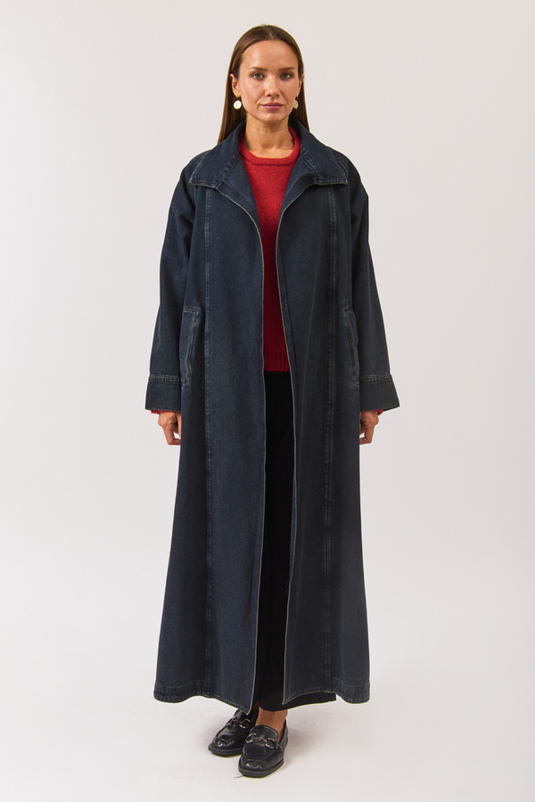 Uzun Kruvaze Denim Trençkot Koyu Mavi - 2