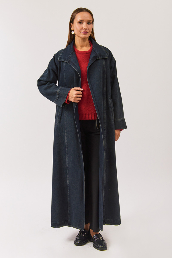 Uzun Kruvaze Denim Trençkot Koyu Mavi - 4